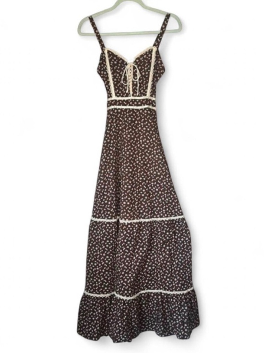 Gunne Sax Prairie Maxi Dress Brown Feather Lace Corset Tie Back Vintage